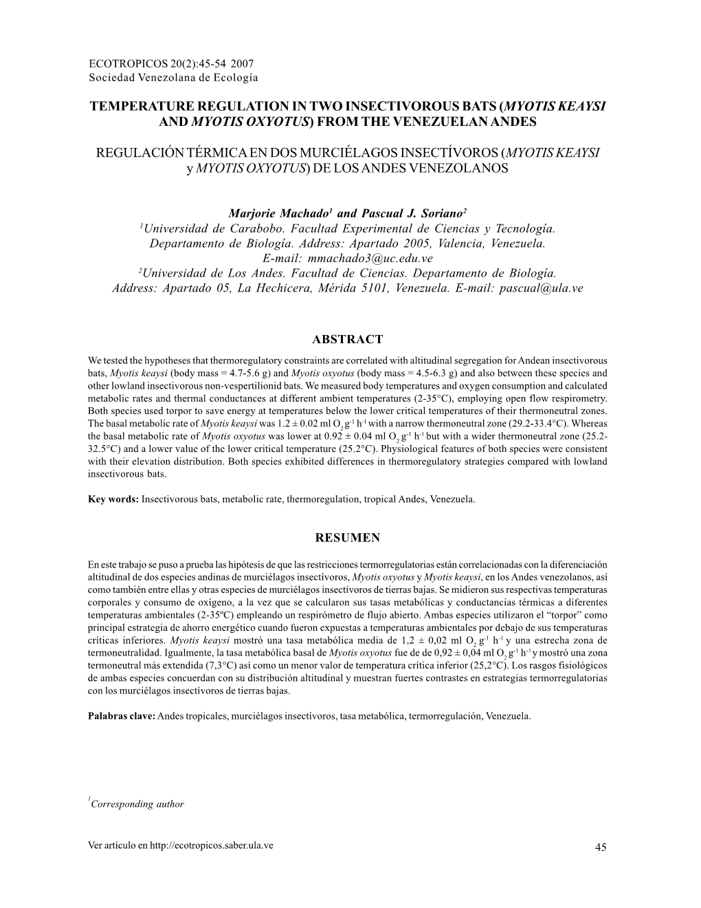 Temperature Regulation in Two Insectivorous Bats (Myotis Keaysi and Myotis Oxyotus) from the Venezuelan Andes