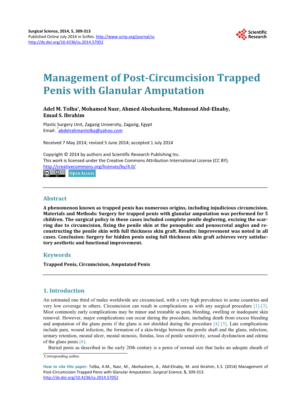Management of Post-Circumcision Trapped Penis with Glanular Amputation