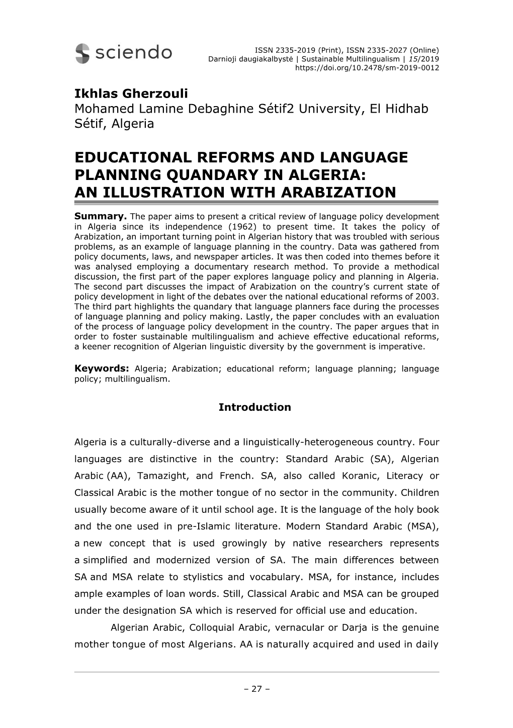 Educational Reforms and Language Planning Quandary in Algeria: an Illustration with Arabization