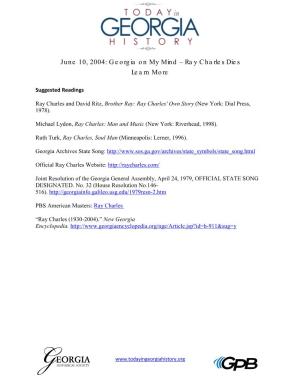 June 10, 2004: Georgia on My Mind – Ray Charles Dies Learn More