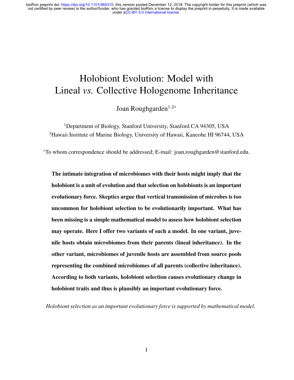 Holobiont Evolution: Model with Lineal Vs