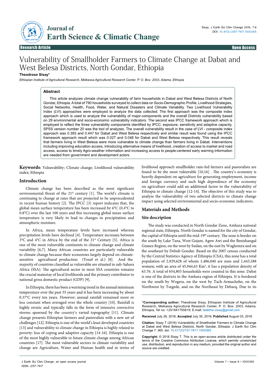 Vulnerability of Smallholder Farmers to Climate Change at Dabat And