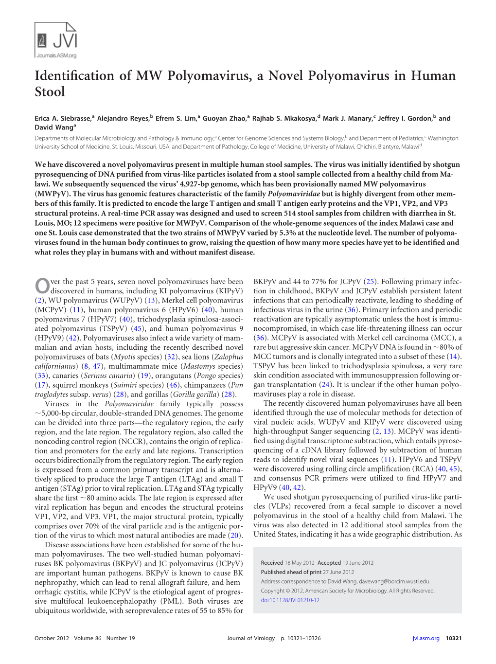 Identification of MW Polyomavirus, a Novel Polyomavirus in Human Stool