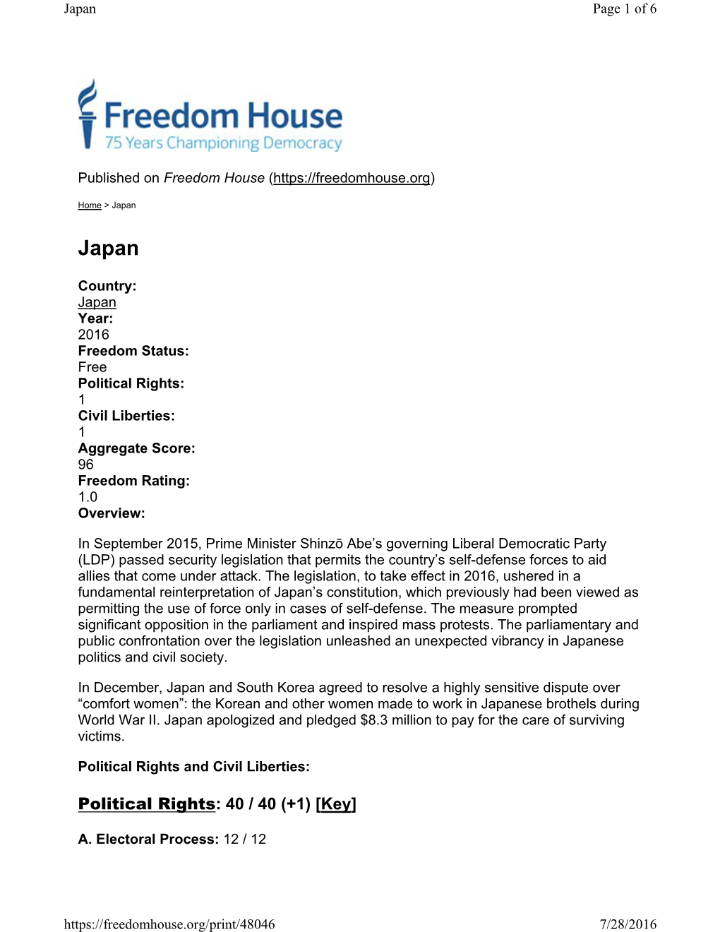 Freedom in the World 2016 Japan