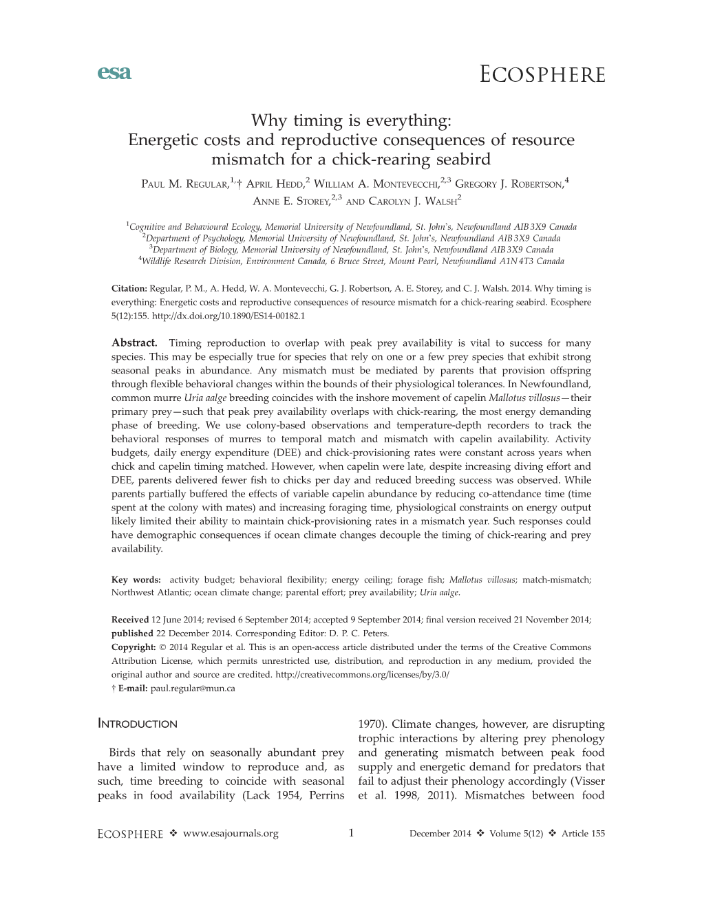 Energetic Costs and Reproductive Consequences of Resource Mismatch for a Chick-Rearing Seabird 1, 2 2,3 4 PAUL M