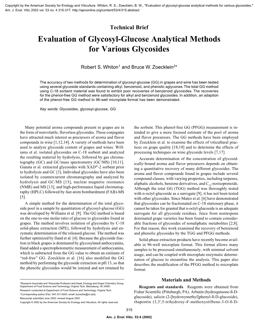 Evaluation of Glycosyl-Glucose Analytical Methods for Various Glycosides