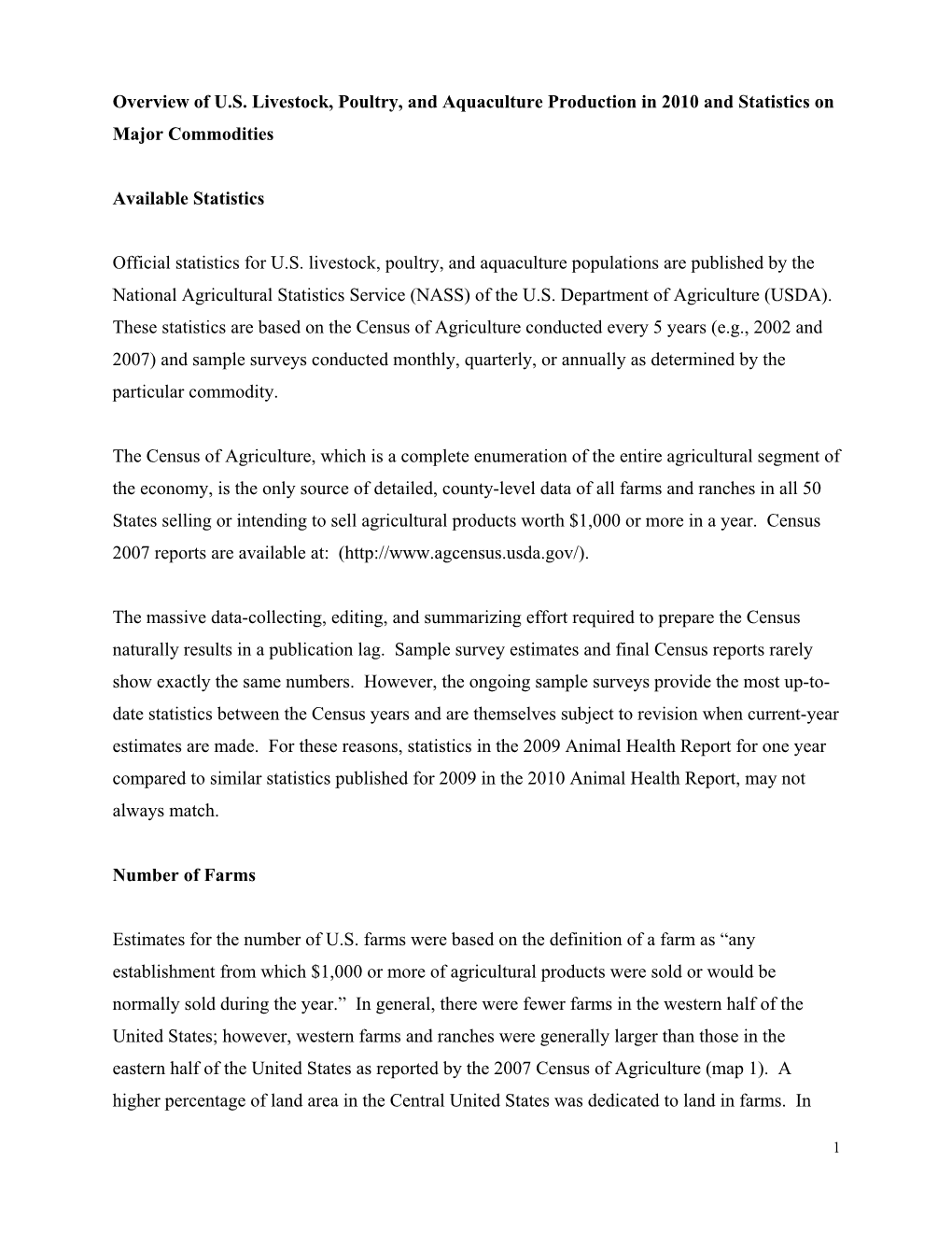 Overview of U.S. Livestock, Poultry, and Aquaculture Production in 2010 and Statistics on Major Commodities Available Statistics