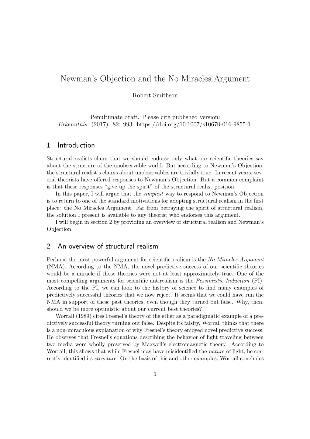 Newman's Objection and the No Miracles Argument