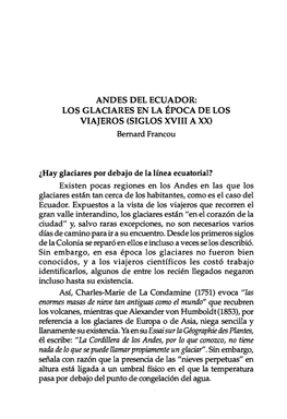 ANDES DEL ECUADOR: LOS GLACIARES EN LA ÉPOCA DE LOS VIAJEROS (SIGLOS XVIII a XX) Bemard Francou
