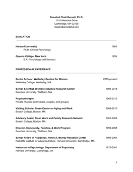 Rosalind Chait Barnett, Ph.D. 1010 Memorial Drive Cambridge, MA 02138 Rosalindbarnettphd.Com