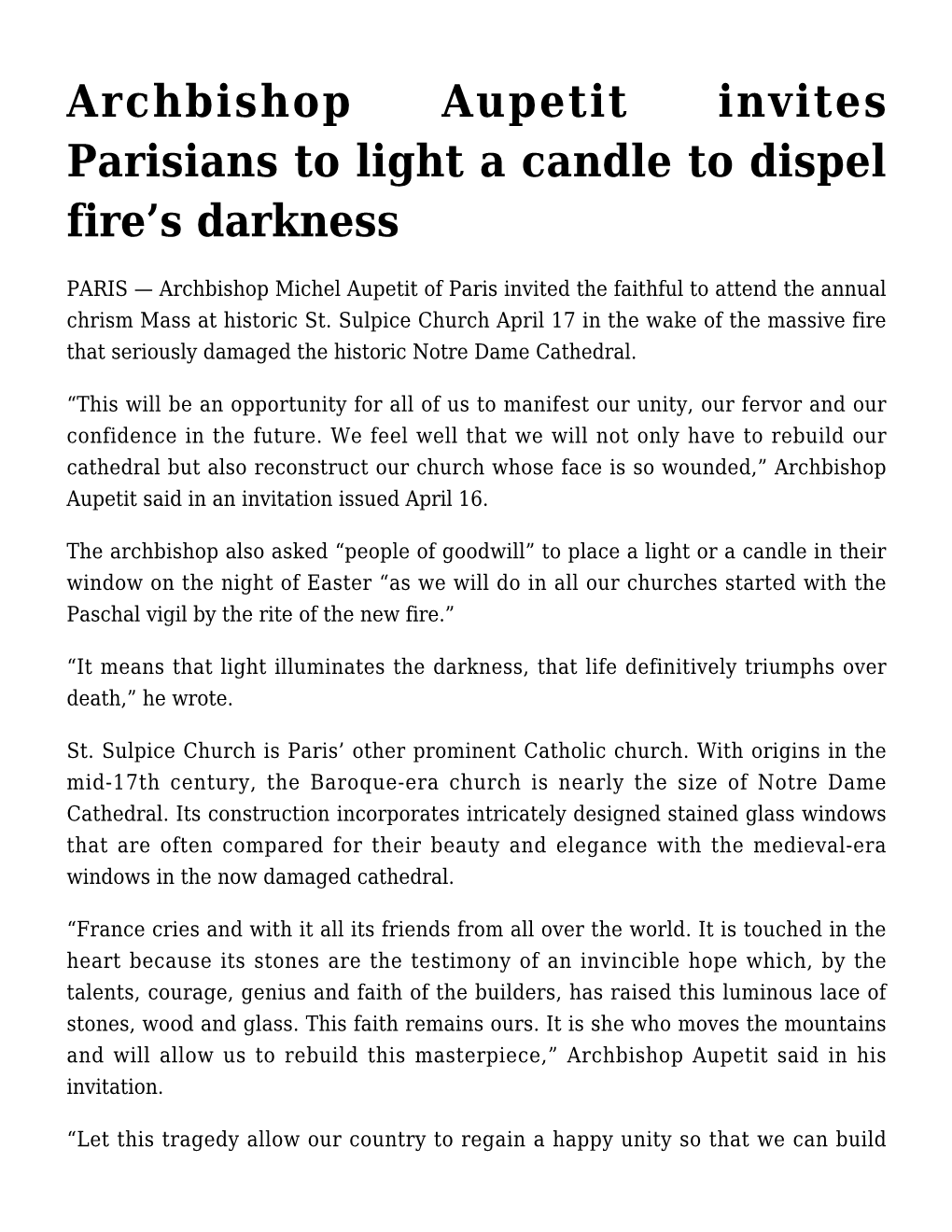 Archbishop Aupetit Invites Parisians to Light a Candle to Dispel Fire&#8217