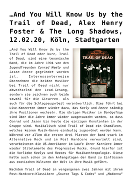 And You Will Know Us by the Trail of Dead, Alex Henry Foster & the Long Shadows, 12.02.20, Köln, Stadtgarten
