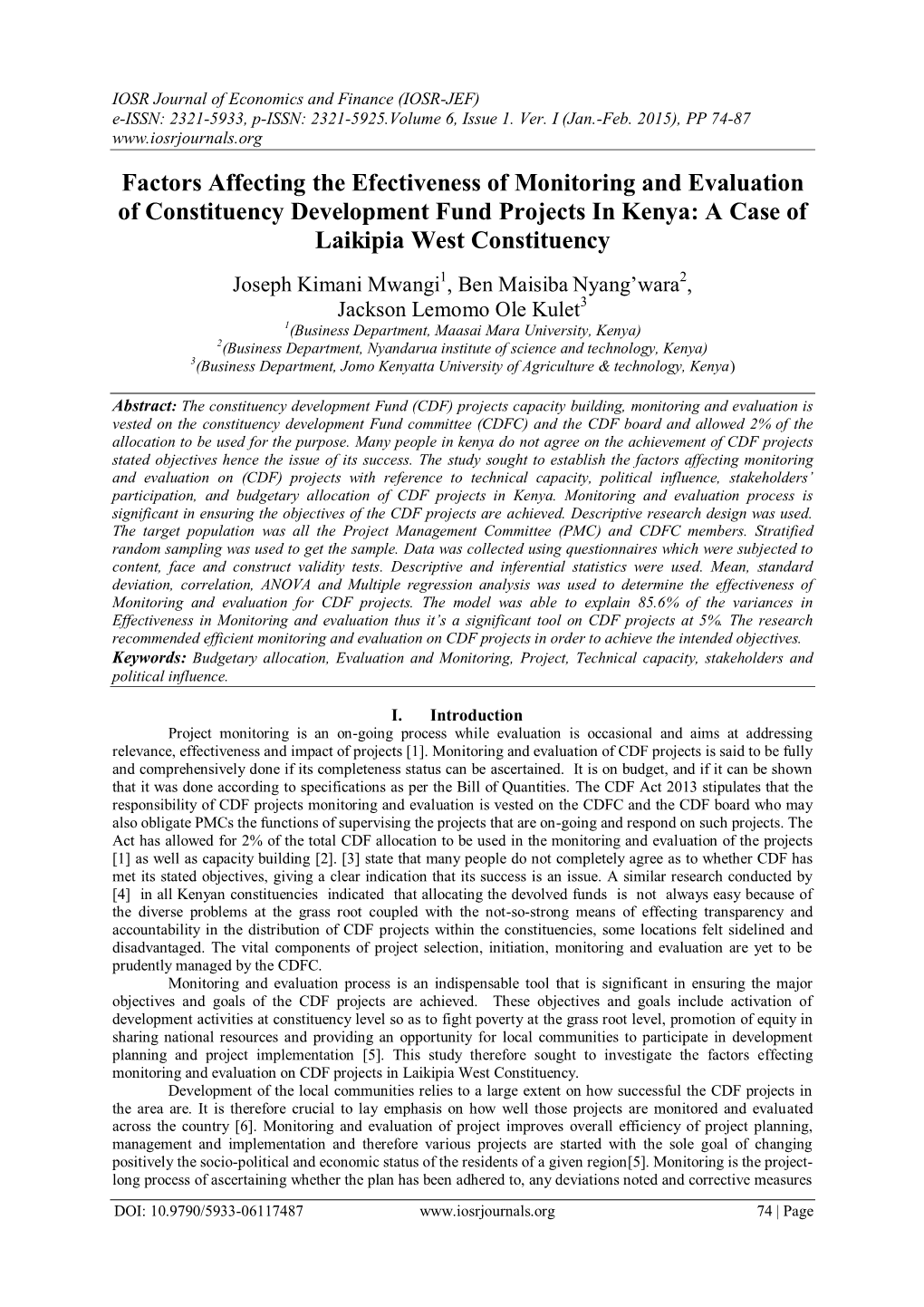 Factors Affecting the Efectiveness of Monitoring and Evaluation of Constituency Development Fund Projects in Kenya: a Case of Laikipia West Constituency