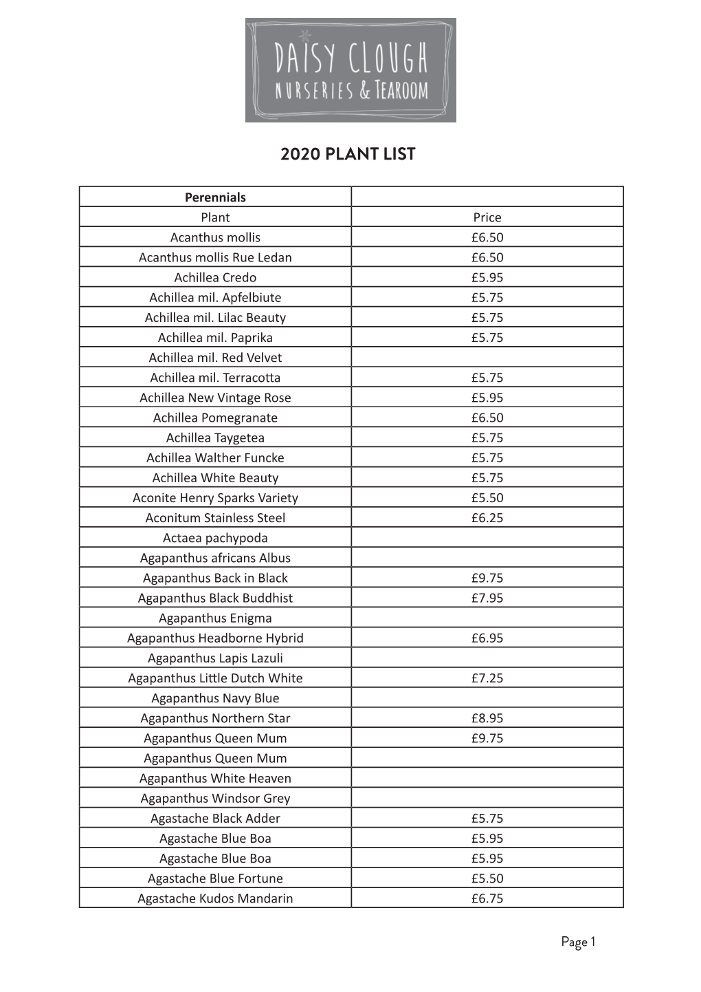 2020 Plant List