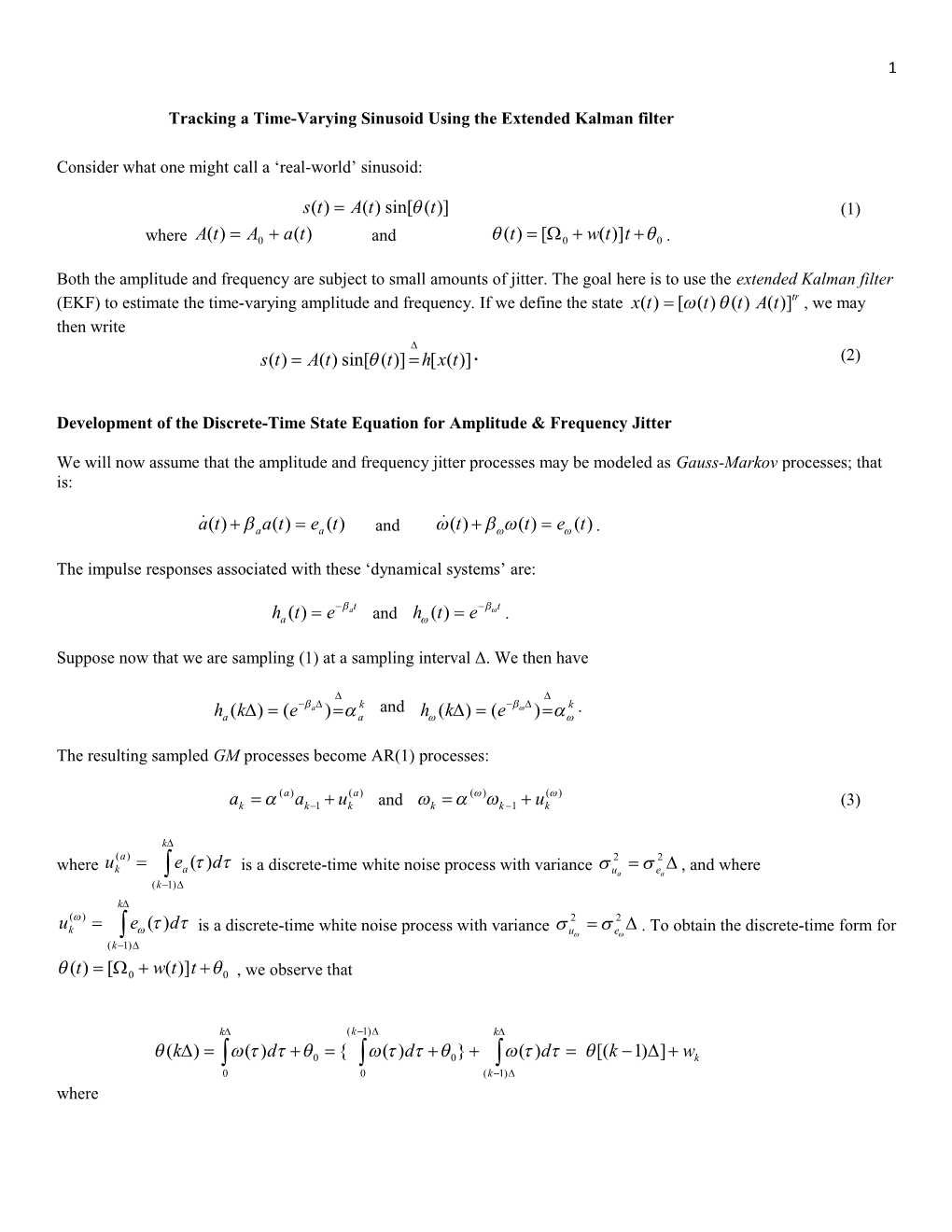 Tracking a Time-Varying Sinusoid Using the Extended Kalman Filter