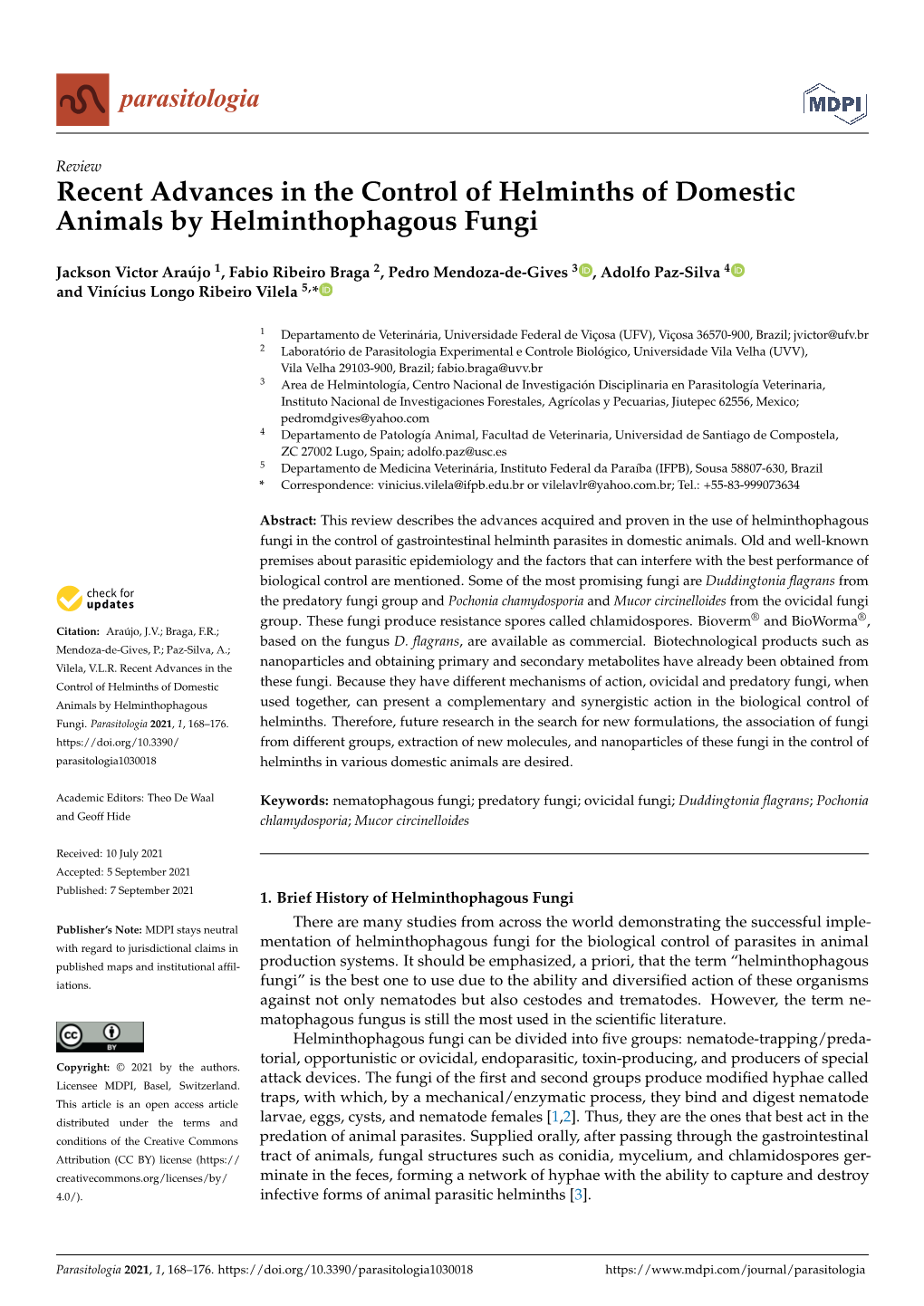 Recent Advances in the Control of Helminths of Domestic Animals by Helminthophagous Fungi