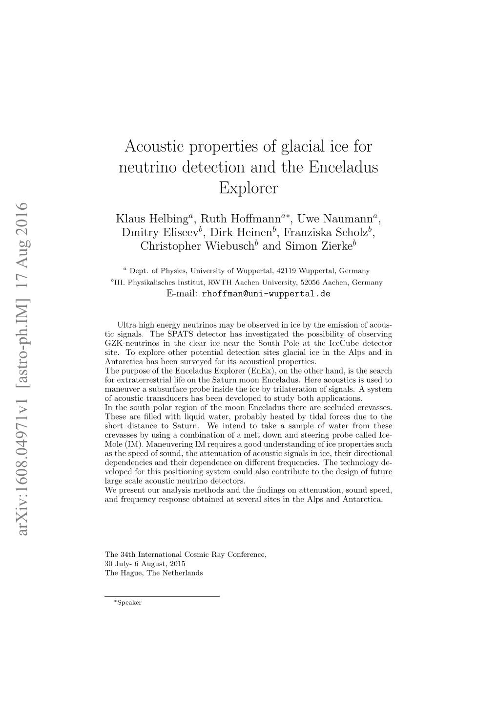 Acoustic Properties of Glacial Ice for Neutrino Detection and the Enceladus Explorer