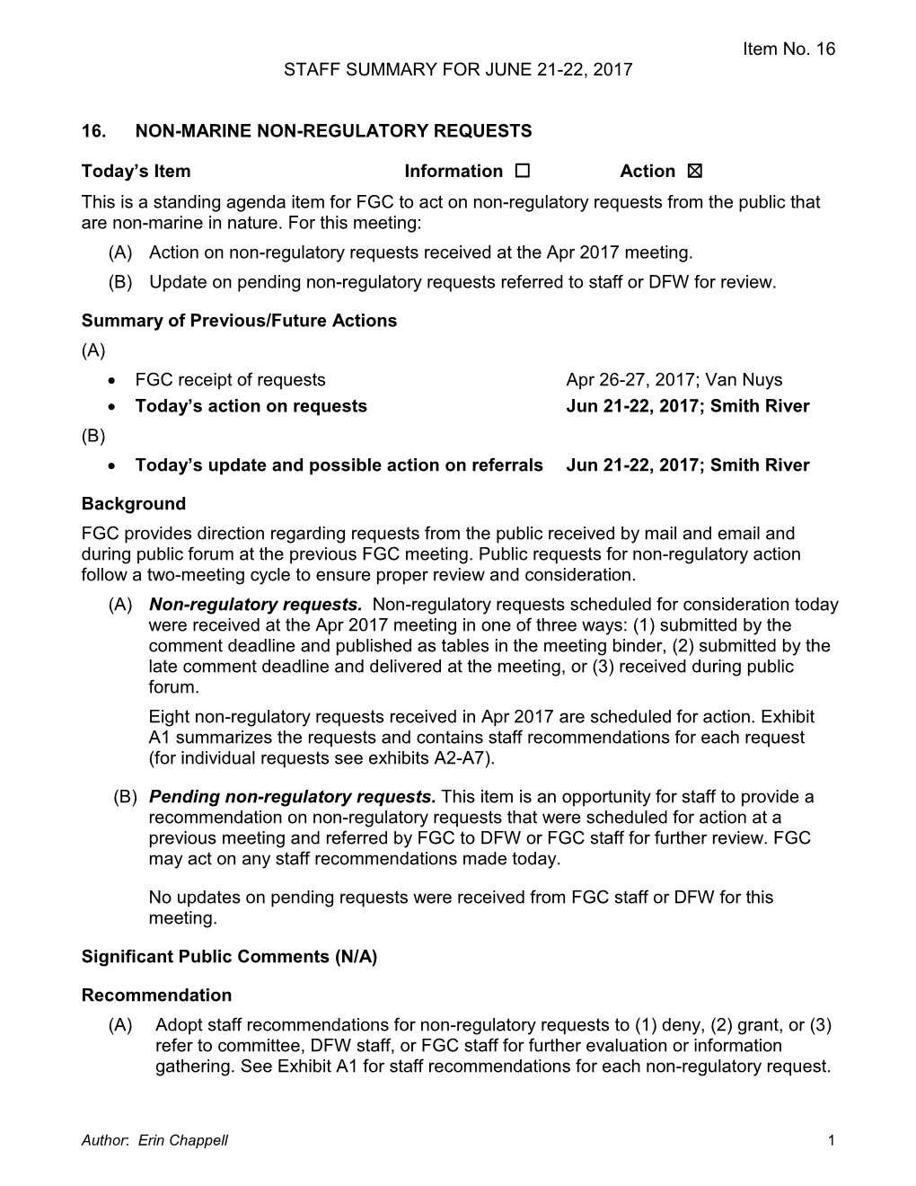 Non-Marine, Non-Regulatory Requests from Previous Meetings