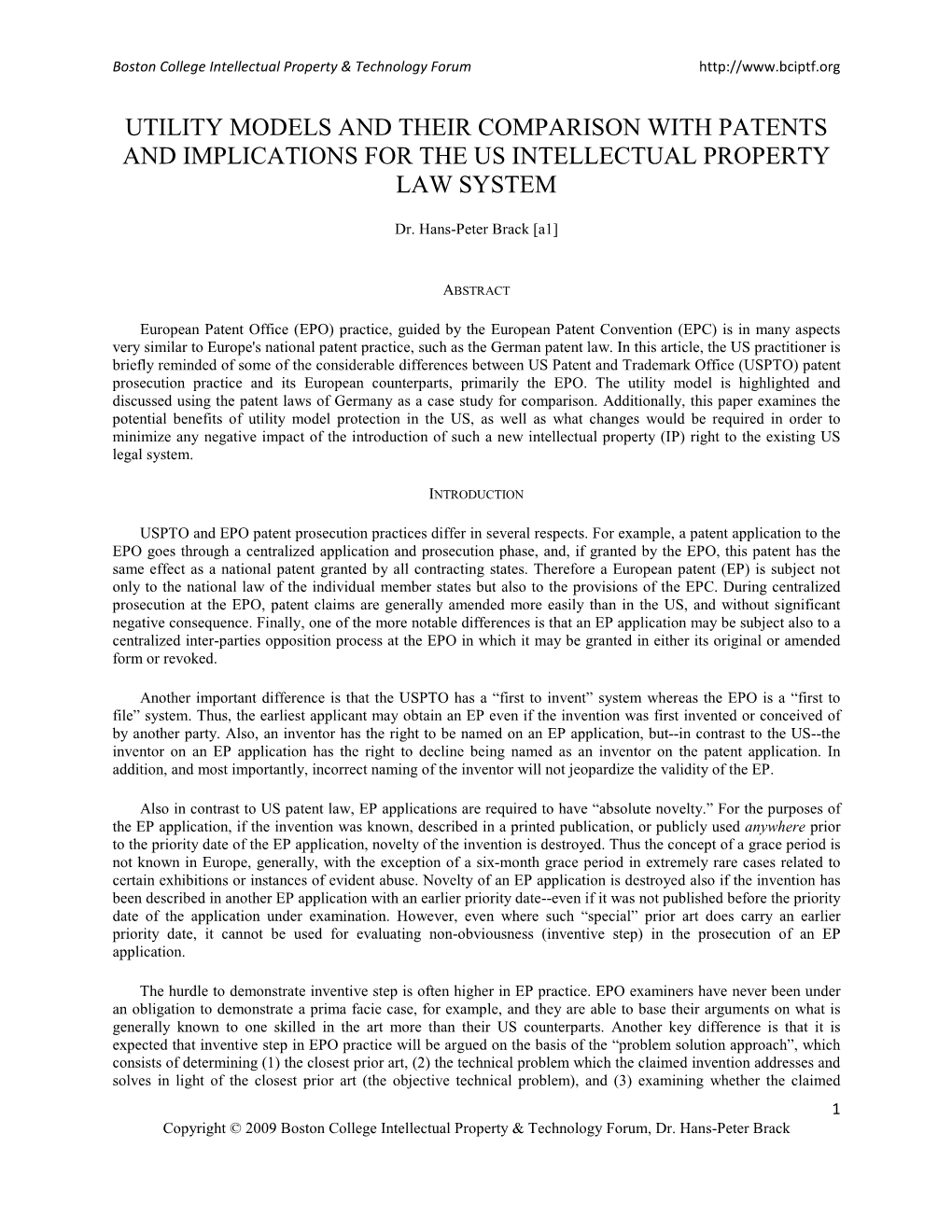 Utility Models and Their Comparison with Patents and Implications for the Us Intellectual Property Law System