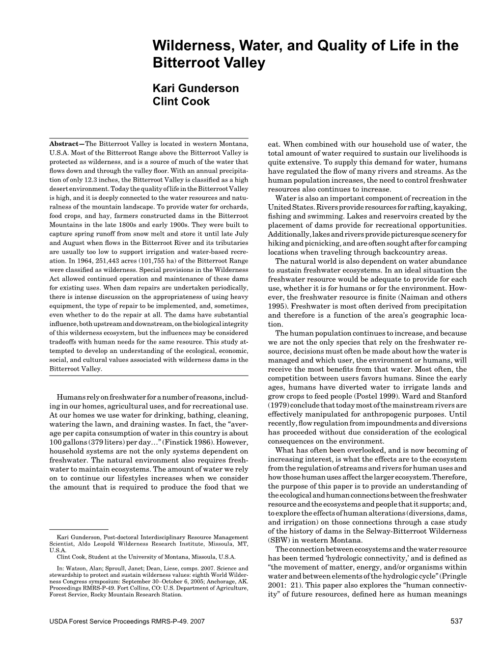 Wilderness, Water, and Quality of Life in the Bitterroot Valley