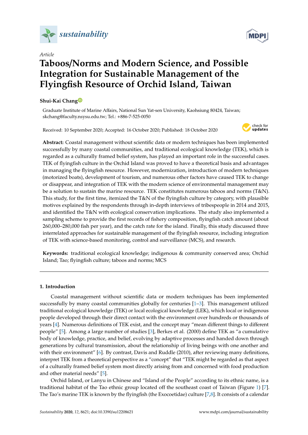 Taboos/Norms and Modern Science, and Possible Integration for Sustainable Management of the Flyingﬁsh Resource of Orchid Island, Taiwan