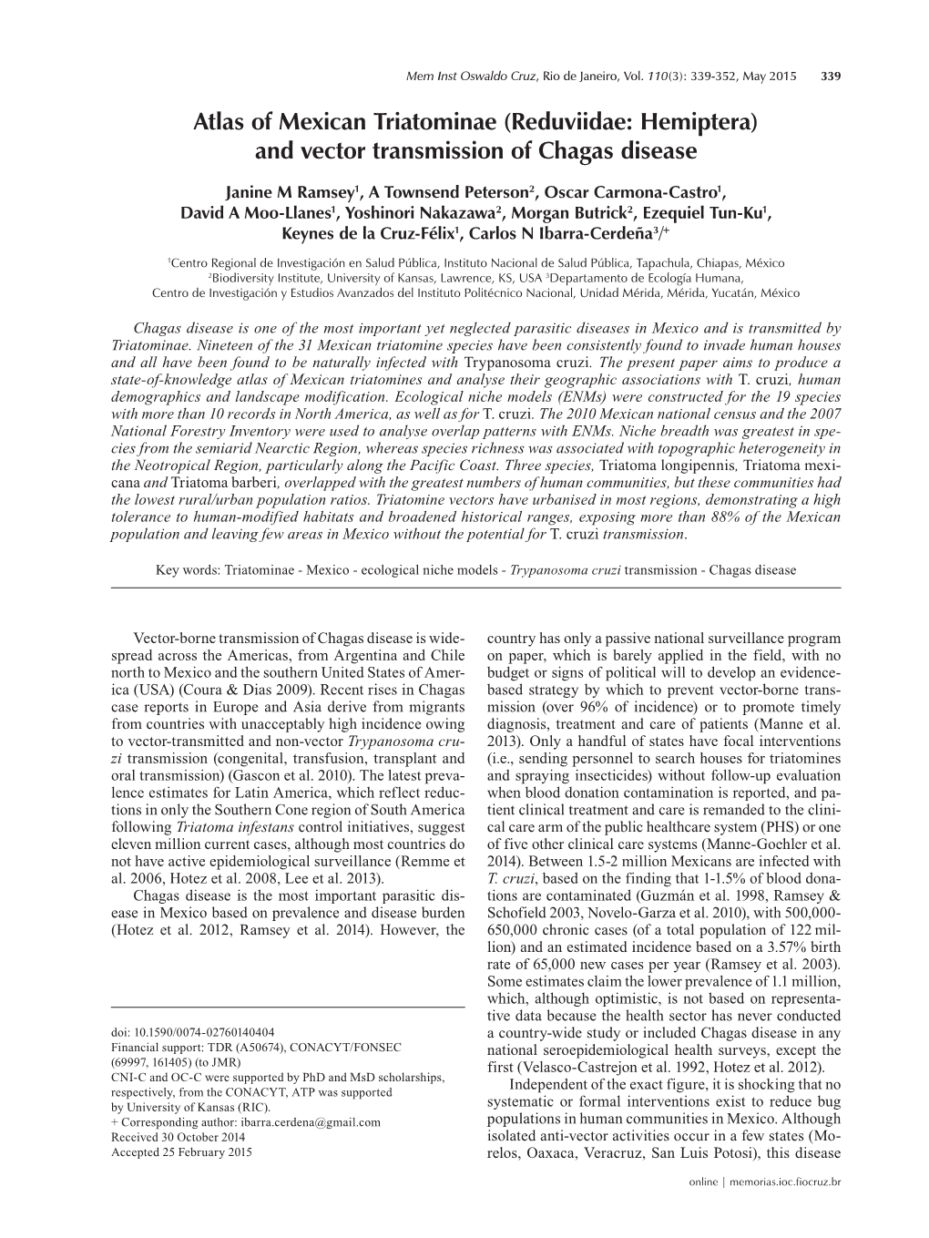 Atlas of Mexican Triatominae (Reduviidae: Hemiptera) and Vector Transmission of Chagas Disease