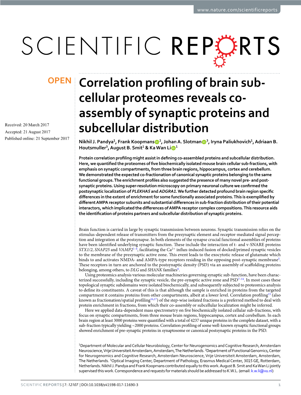 Correlation Profiling of Brain Sub-Cellular Proteomes Reveals Co