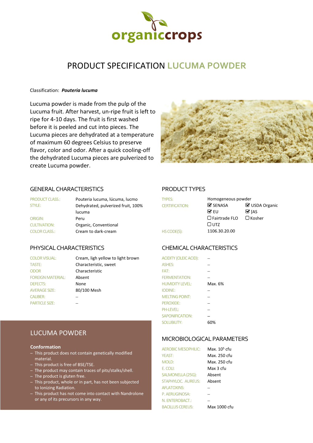 Product Specification Lucuma Powder