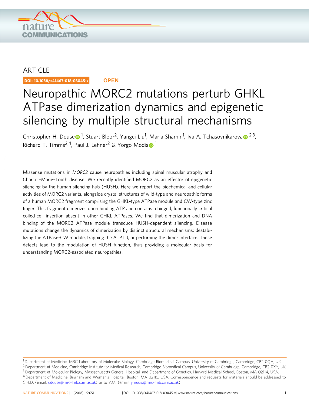 Neuropathic MORC2 Mutations Perturb GHKL Atpase Dimerization Dynamics and Epigenetic Silencing by Multiple Structural Mechanisms