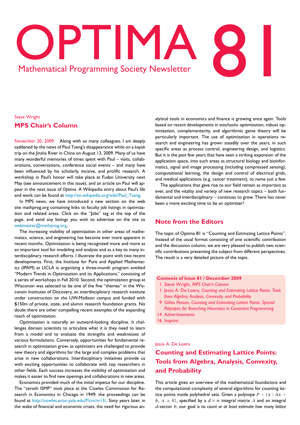 Optima 81 Is “Counting and Estimating Lattice Points”