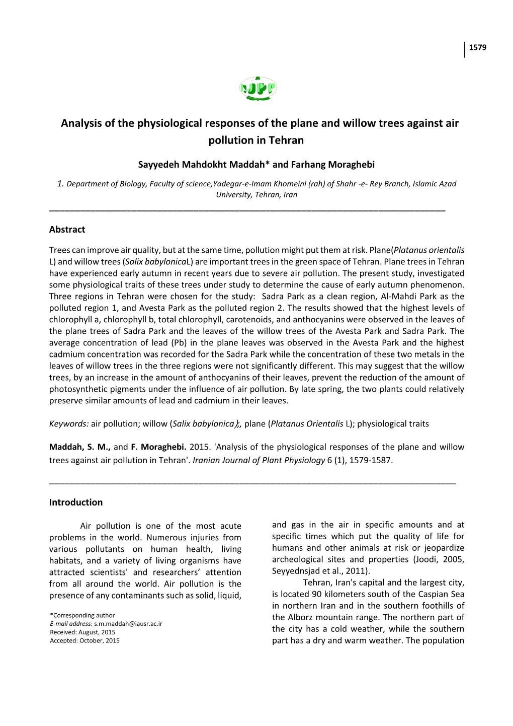 Analysis of the Physiological Responses of the Plane and Willow Trees Against Air Pollution in Tehran