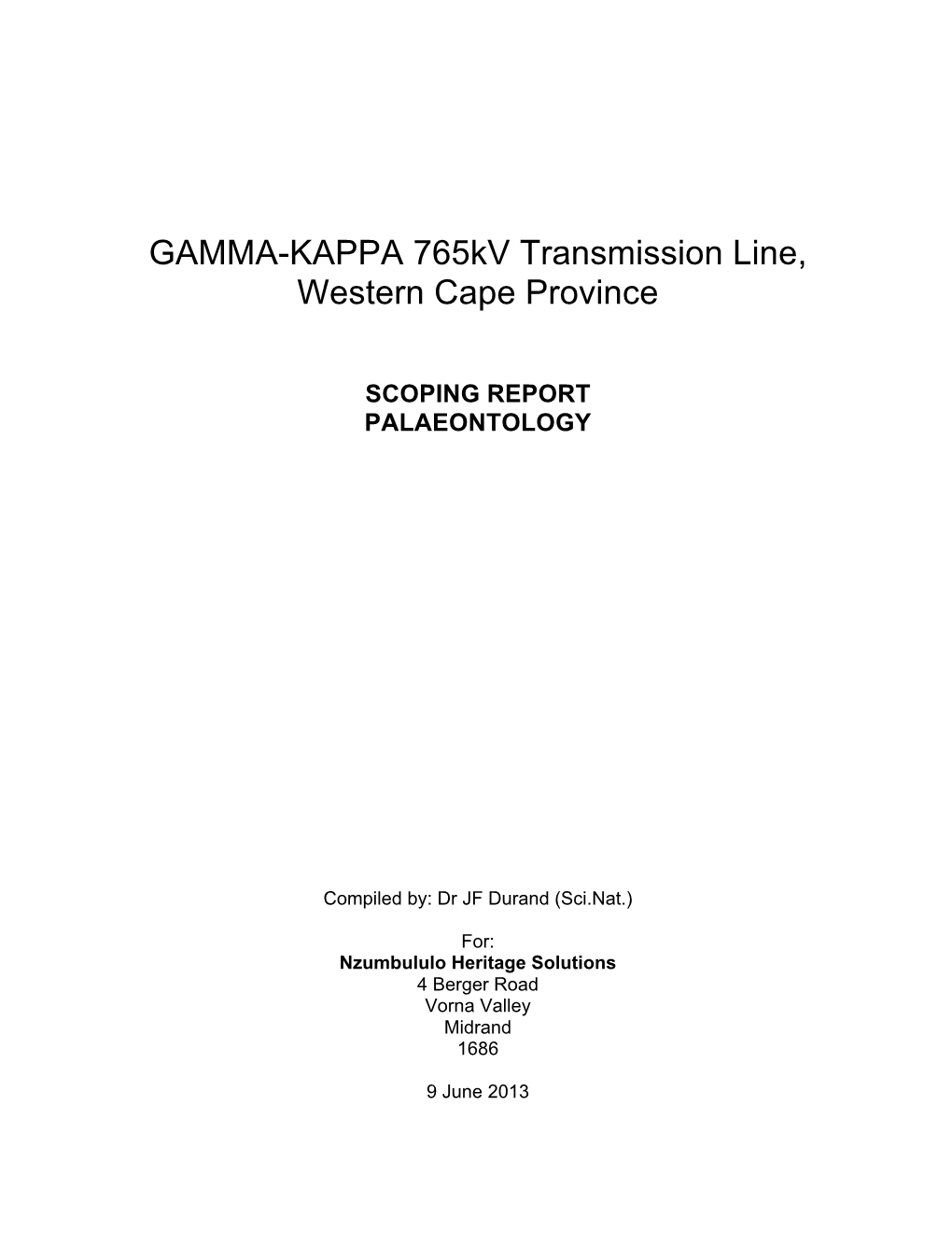 GAMMA-KAPPA 765Kv Transmission Line, Western Cape Province