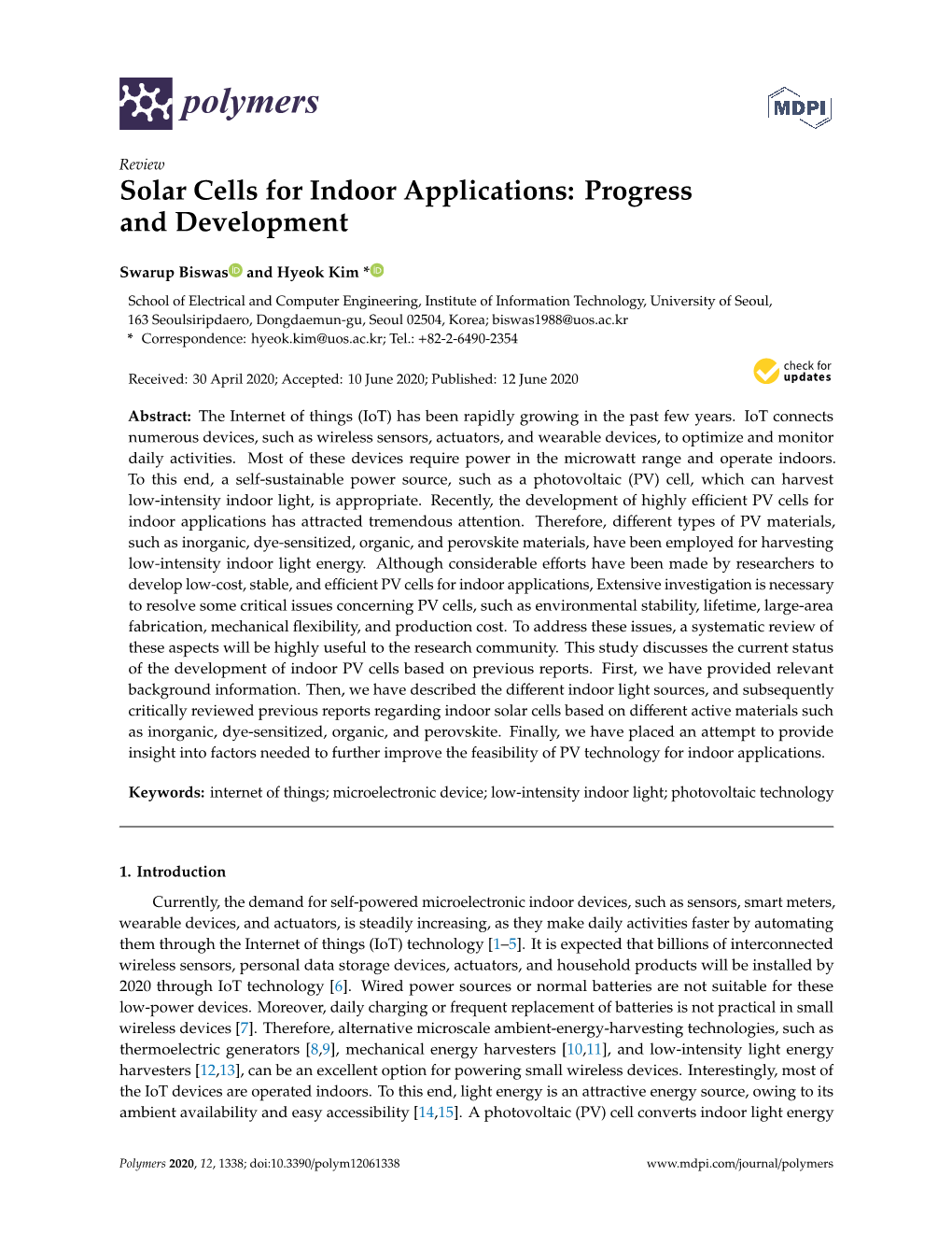 Solar Cells for Indoor Applications: Progress and Development