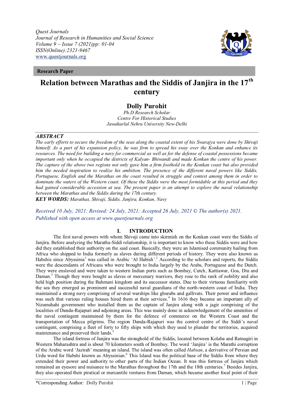 Relation Between Marathas and the Siddis of Janjira in the 17 Century