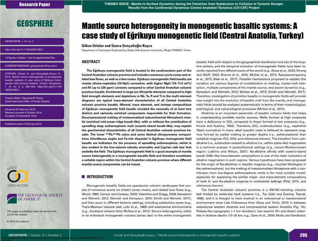 A Case Study of Eg˘Rikuyu Monogenetic Field (Central Anatolia, Turkey) GEOSPHERE, V