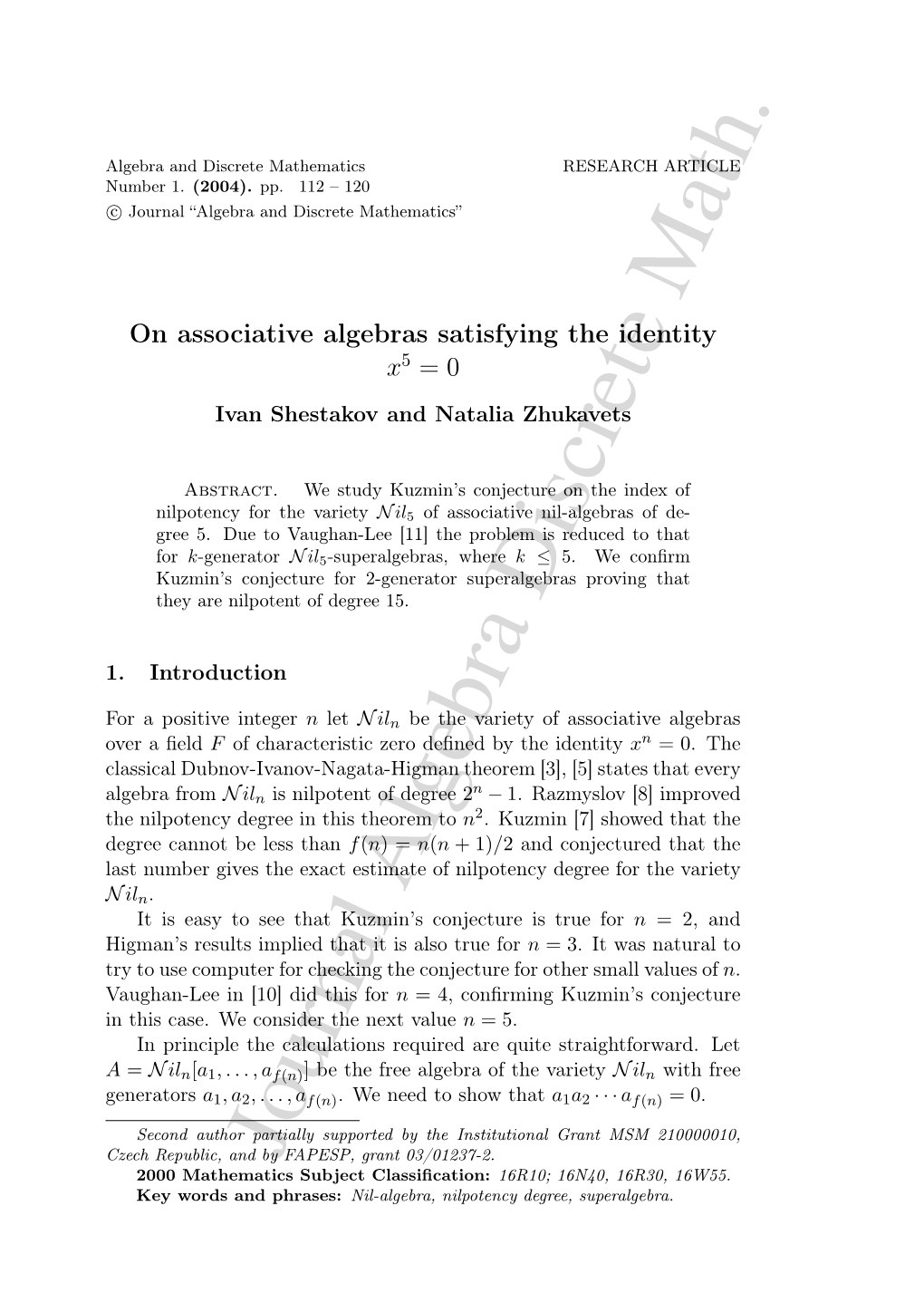 Journal Algebra Discrete Math