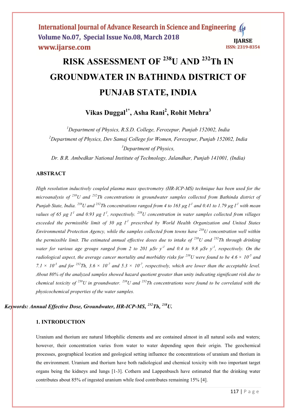 RISK ASSESSMENT of U and Th in GROUNDWATER in BATHINDA DISTRICT of PUNJAB STATE, INDIA