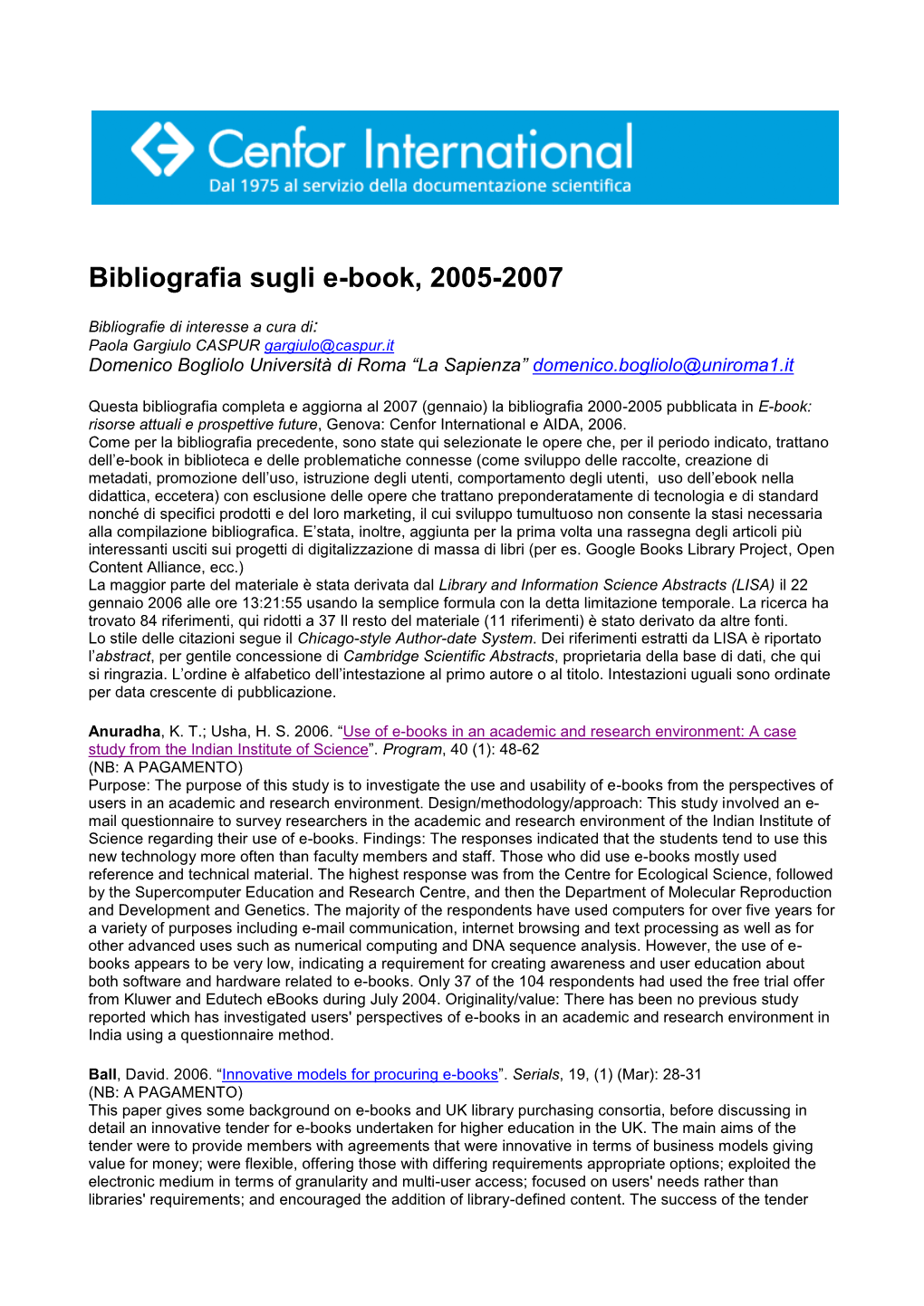 Bibliografia Sugli E-Book, 2005-2007