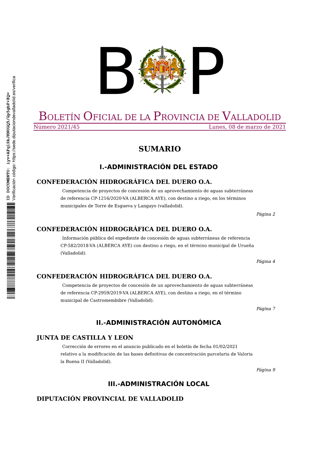 BOLETÍN OFICIAL DE LA PROVINCIA DE VALLADOLID Número 2021/45 Lunes, 08 De Marzo De 2021