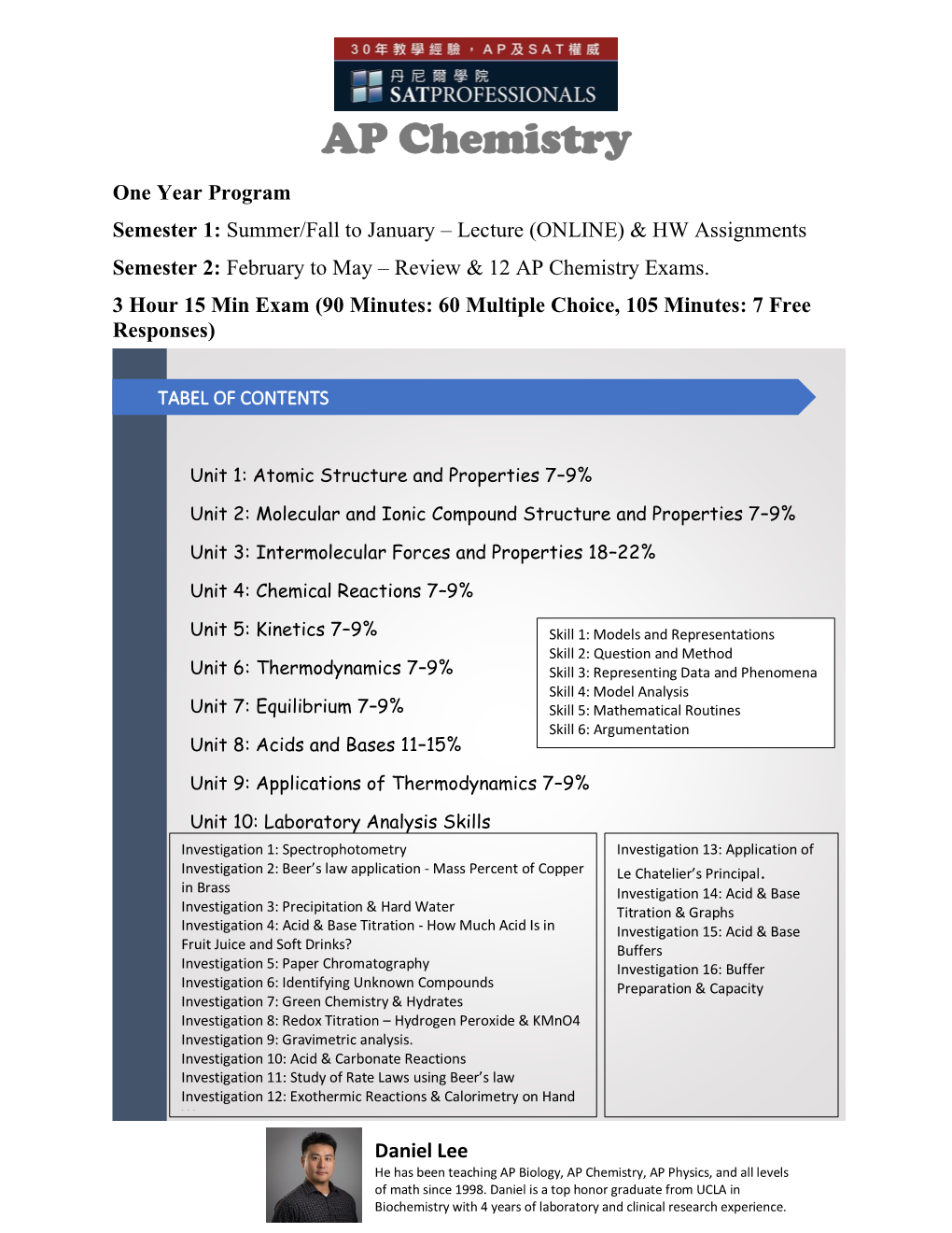 AP Chemistry One Year Program Semester 1: Summer/Fall to January – Lecture (ONLINE) & HW Assignments Semester 2: February to May – Review & 12 AP Chemistry Exams
