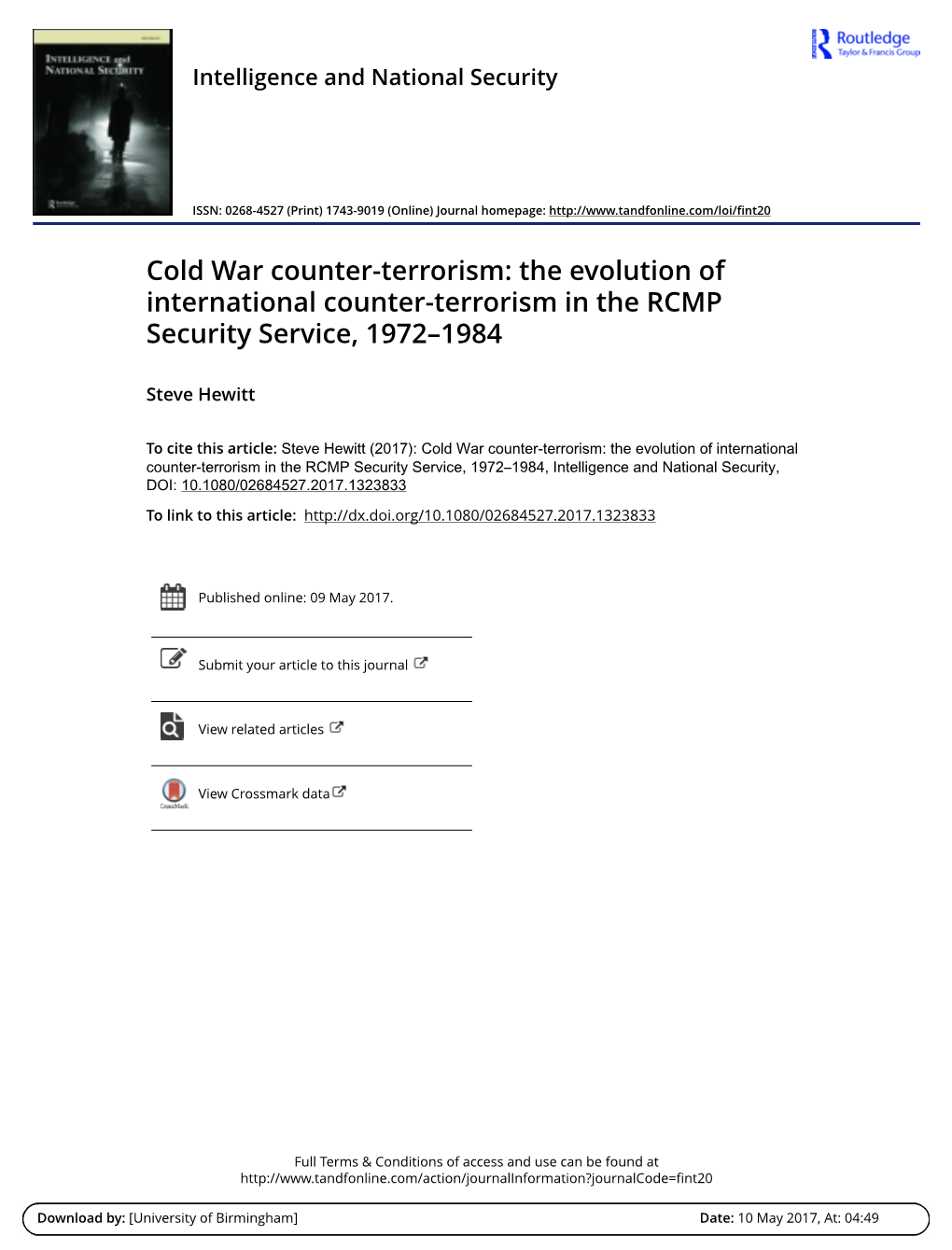 The Evolution of International Counter-Terrorism in the RCMP Security Service, 1972–1984