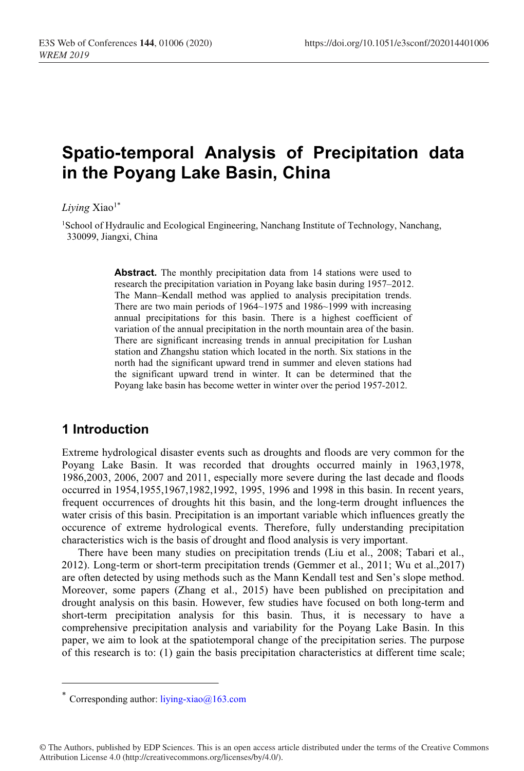 Spatio-Temporal Analysis of Precipitation Data in the Poyang Lake Basin, China