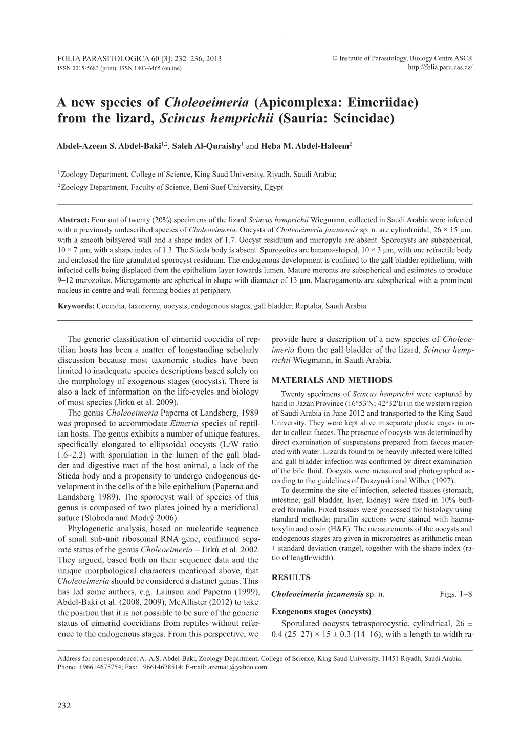 Apicomplexa: Eimeriidae) from the Lizard, Scincus Hemprichii (Sauria: Scincidae