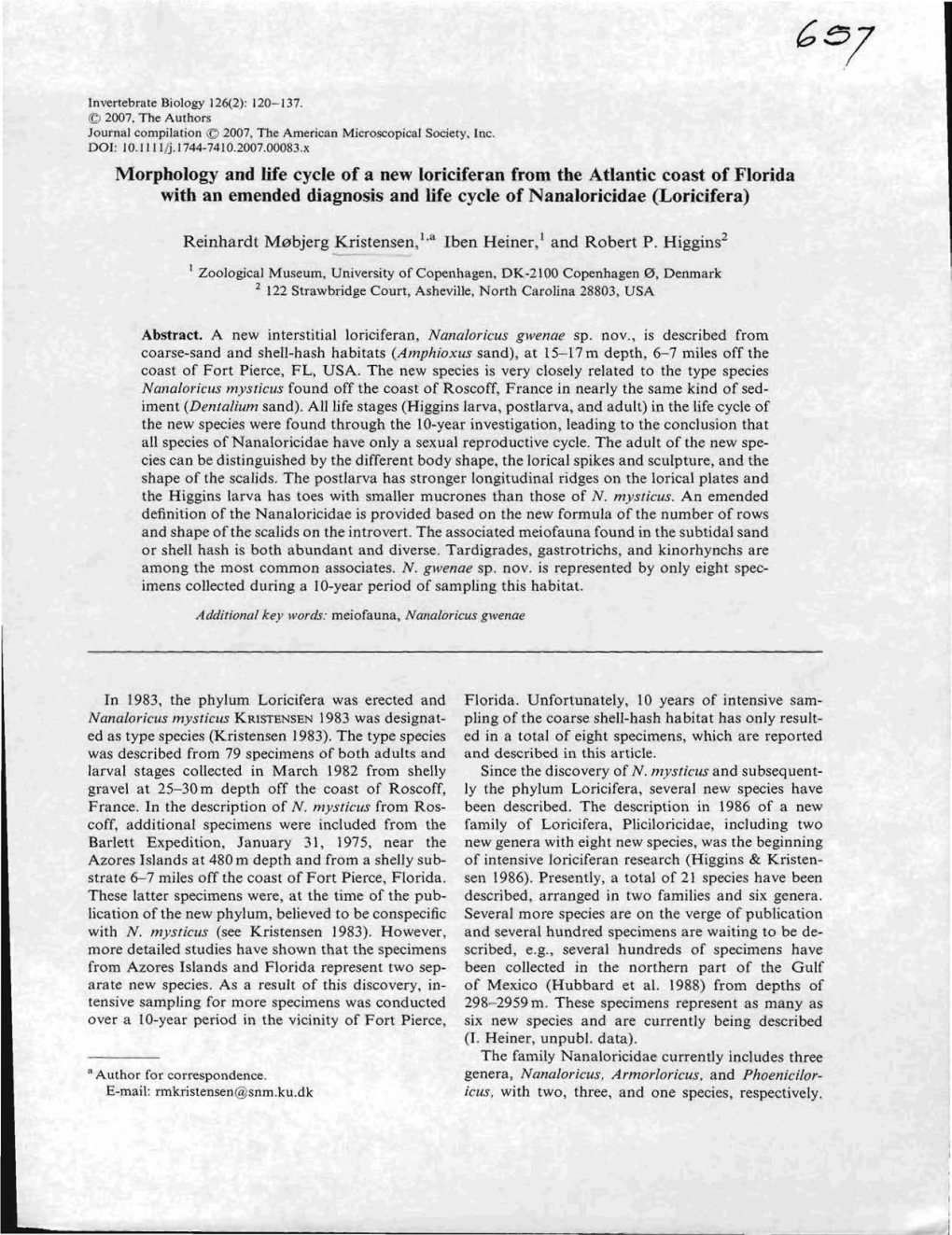 Morphology and Life Cycle of a New Loriciferan from the Atlantic Coast of Florida with an Emended Diagnosis and Life Cycle of Nanaloricidae (Loricifera)