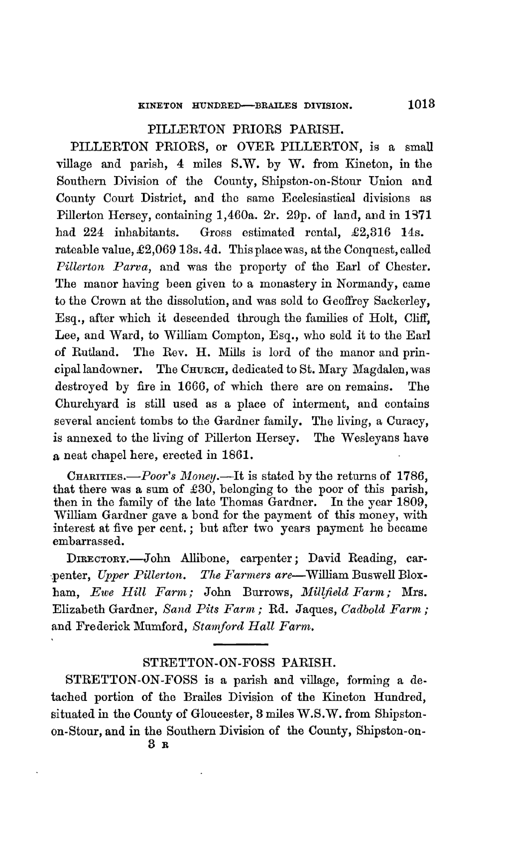 KINETON HUNDRED BRAILES DIVISION. 1013 PILLERTON PRIORS PARISH. PILLERTON PRIORS, Or OVER PILLERTON, Is a Small Village and Parish, 4 Miles S.W