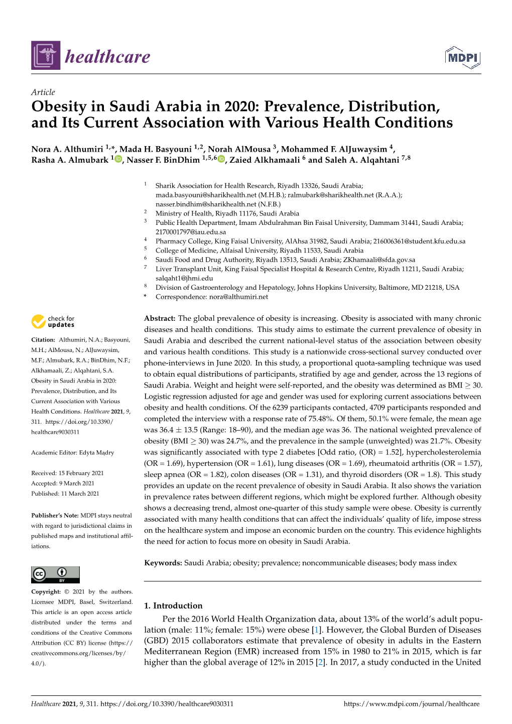 Obesity in Saudi Arabia in 2020: Prevalence, Distribution, and Its Current Association with Various Health Conditions