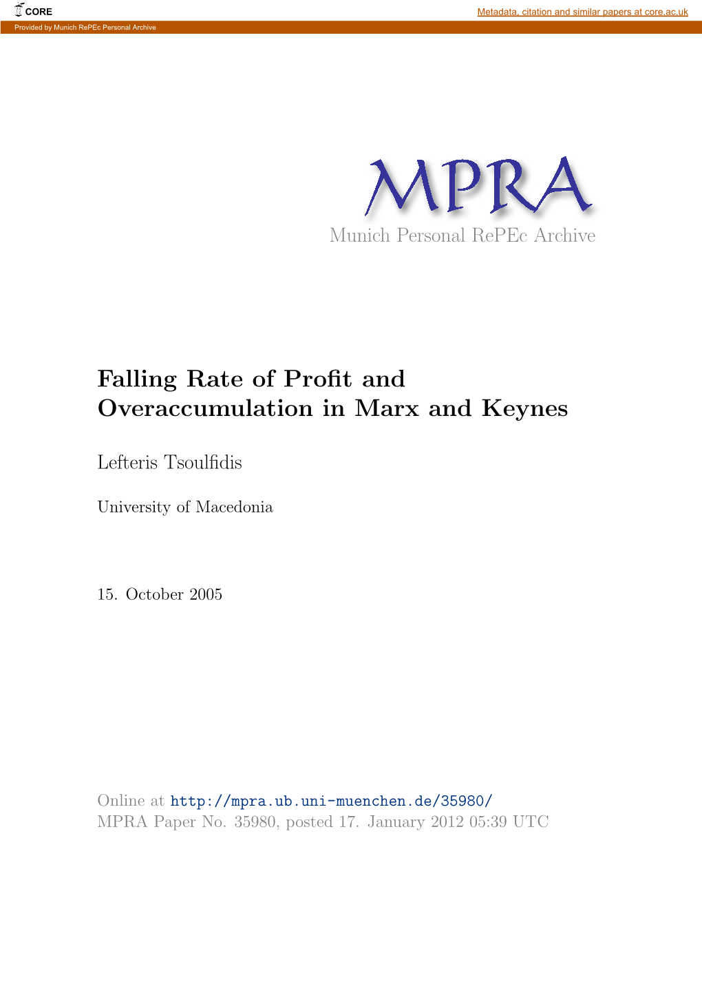 Falling Rate of Profit and Overaccumulation in Marx and Keynes*