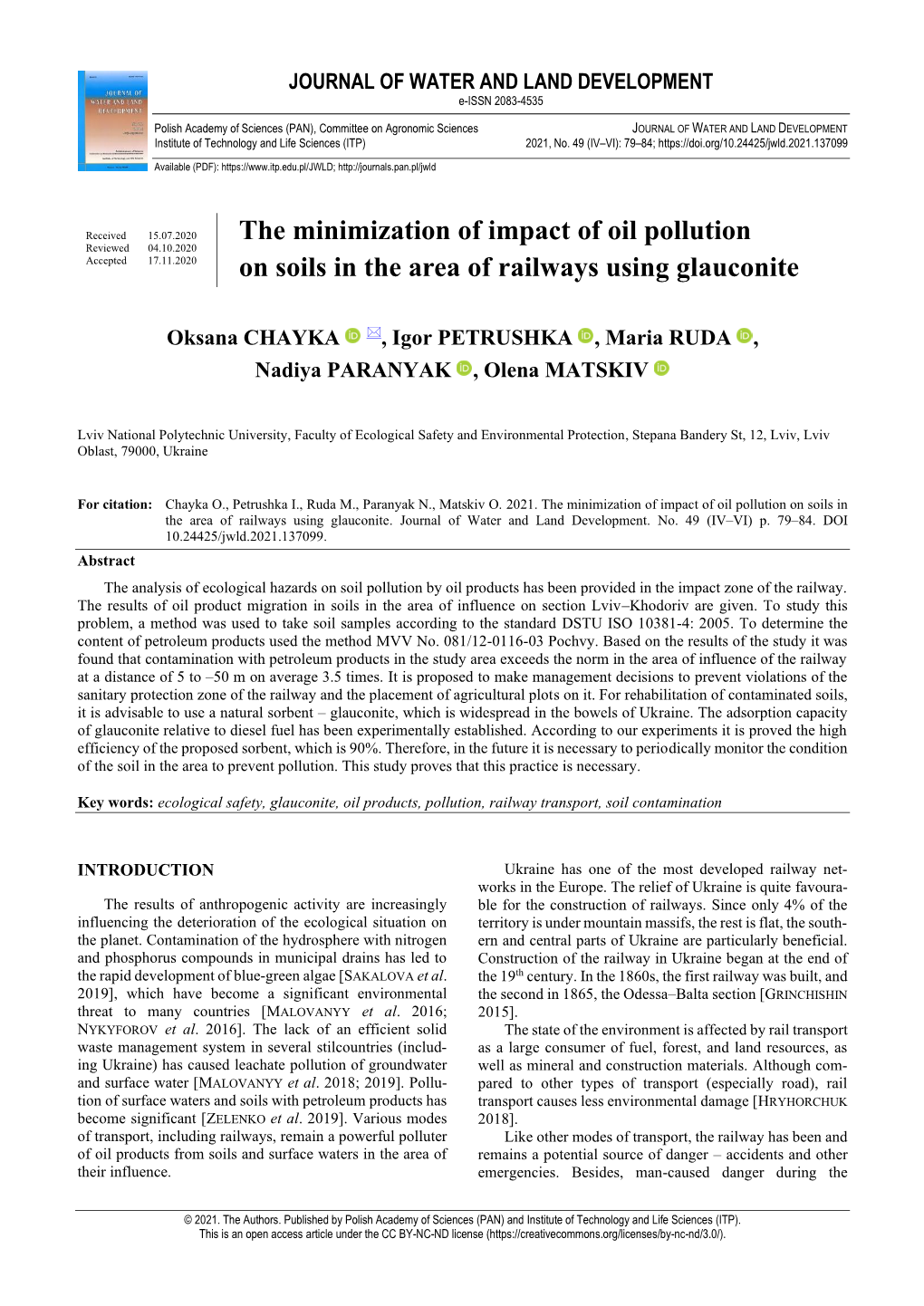 The Minimization of Impact of Oil Pollution on Soils in the Area of Railways Using Glauconite