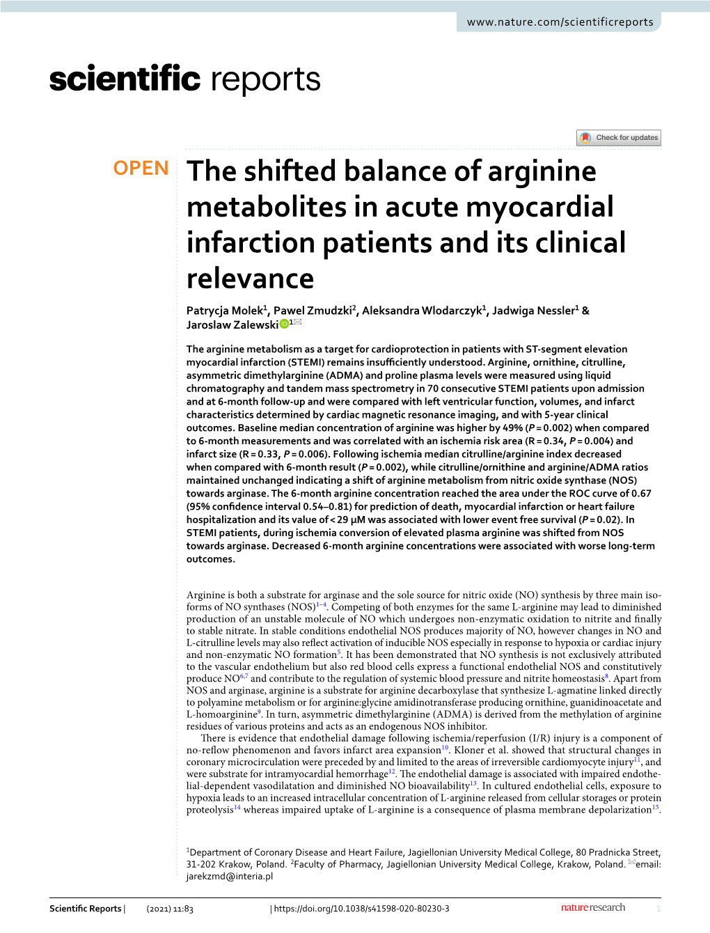 The Shifted Balance of Arginine Metabolites in Acute Myocardial