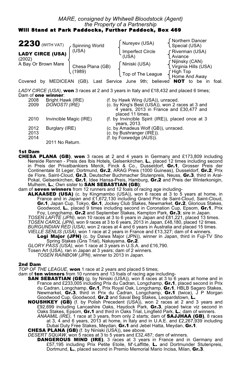 MARE, Consigned by Whitwell Bloodstock (Agent) the Property of a Partnership Will Stand at Park Paddocks, Further Paddock, Box 469